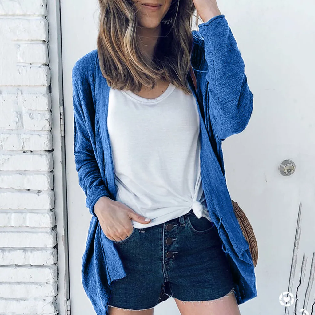 

Long Summer Cardigan With Pockets Female Long Sleeve Knitted Cardigans Feminino Tops Plus Size Solid Cardigan Sueter Mujer#J30