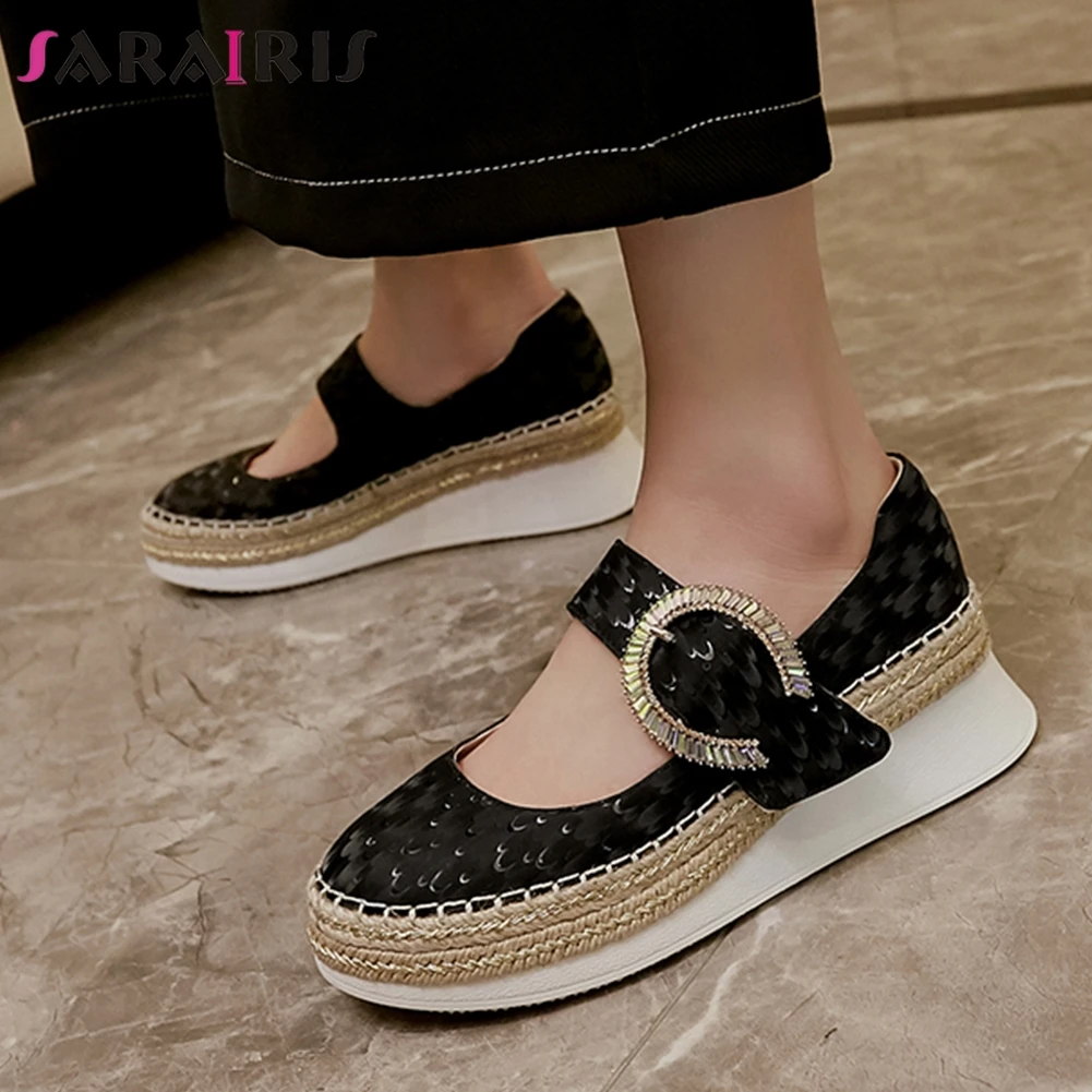 

SARAIRIS Fashion Female Buckle Decoration Platform Genuine Leather High Heel Flats Novelty Flats Women Spring Shoes Woman