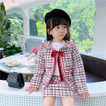 

Autumn outfit girls small sweet wind checked coat skirt virgin suit suit children