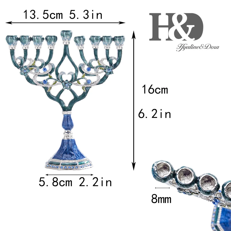 H&D, ручная роспись, эмалированный канделябр Menorah, украшенный синими кристаллами, иудаизм, подсвечники Chanukah, 9 веток канделябры