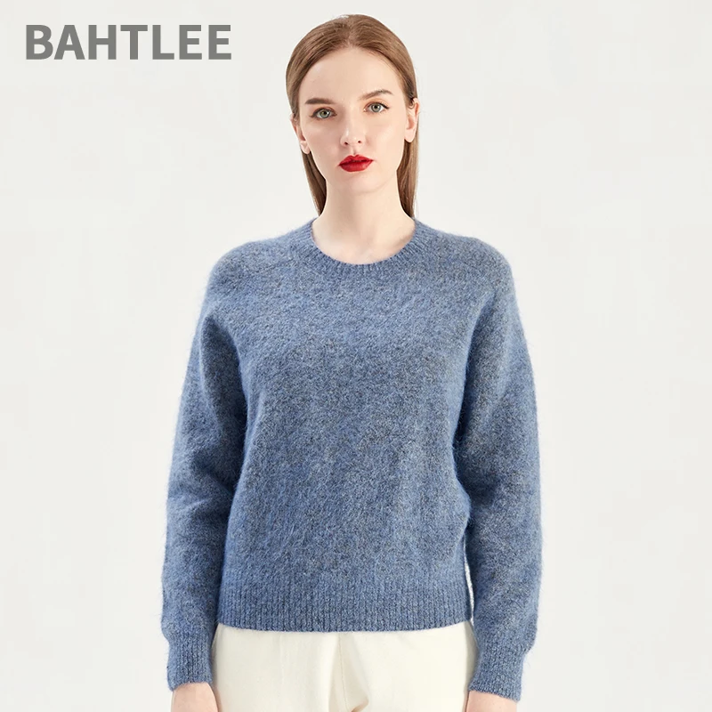 

BAHTLEE Women Wool Mohair Short Pullover O-Neck Sweater Long Sleeves Autumn Winter Knitted Jumper Keep Warm Loose Style Gray