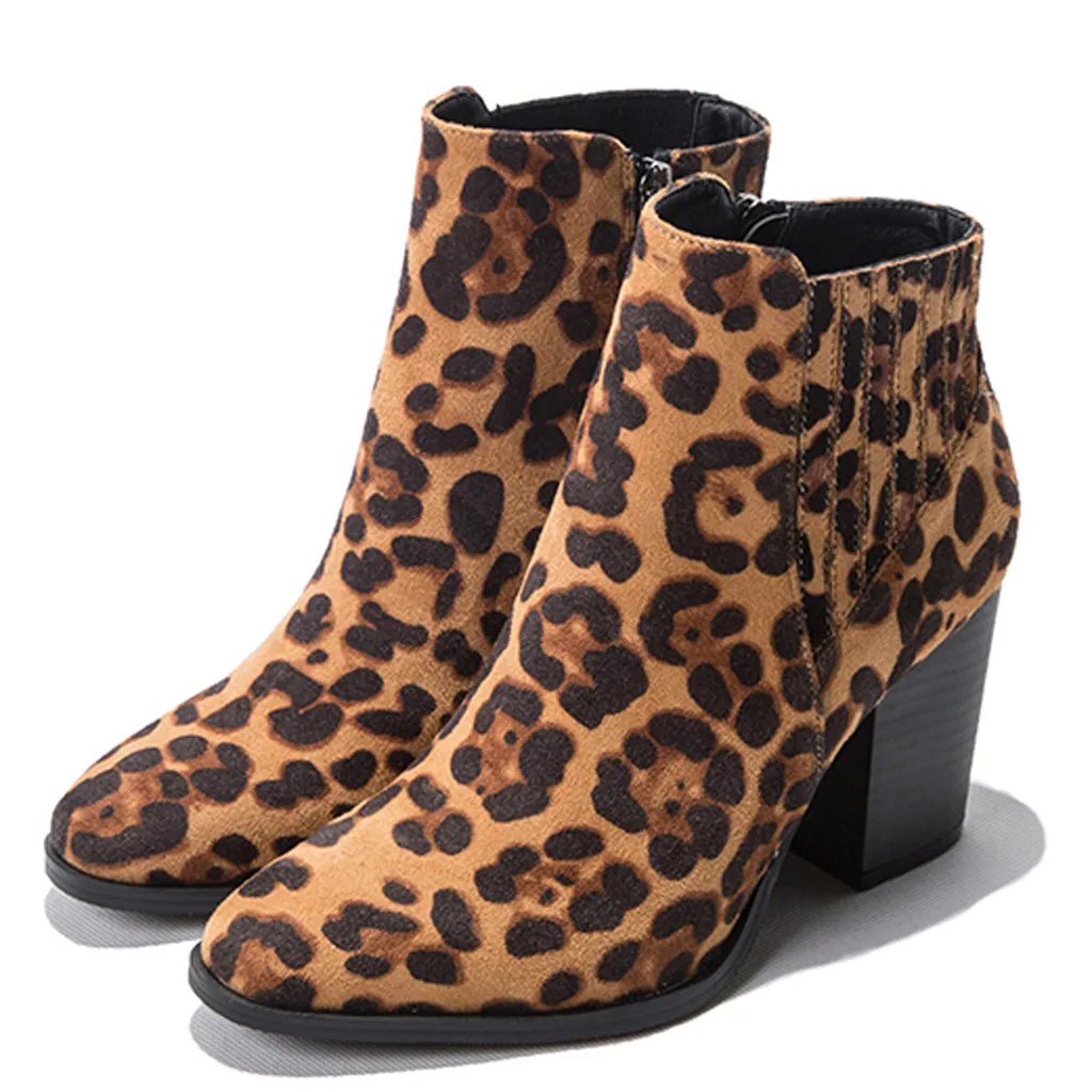 Stylish Women's Sexy Ankle Boots Winter Leopard Print Pointed Suede Chelsea Boot Fashion Female High Heel Party Casual Shoes Zip