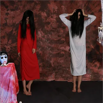 

Halloween Costume Cosplay Female Ghost Horror Red White Dice Clothes Wig Bar Chamber Haunted House Decoration Props