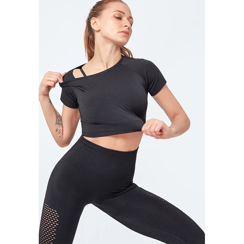 Black Top Set Женская бесшовная спортивная одежда, комплект с топом для йоги, одежда для спортзала, бюстгальтер для фитнеса+ леггинсы+ укороченные рубашки, спортивный костюм, спортивный костюм, женская одежда для активного отдыха - Цвет: Black Top Set