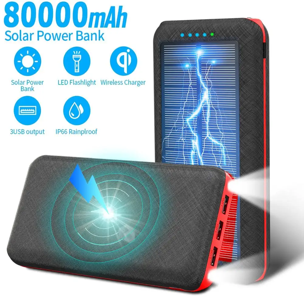 80000mAh солнечный банк силы быстрое Qi Беспроводное наружное зарядное устройство