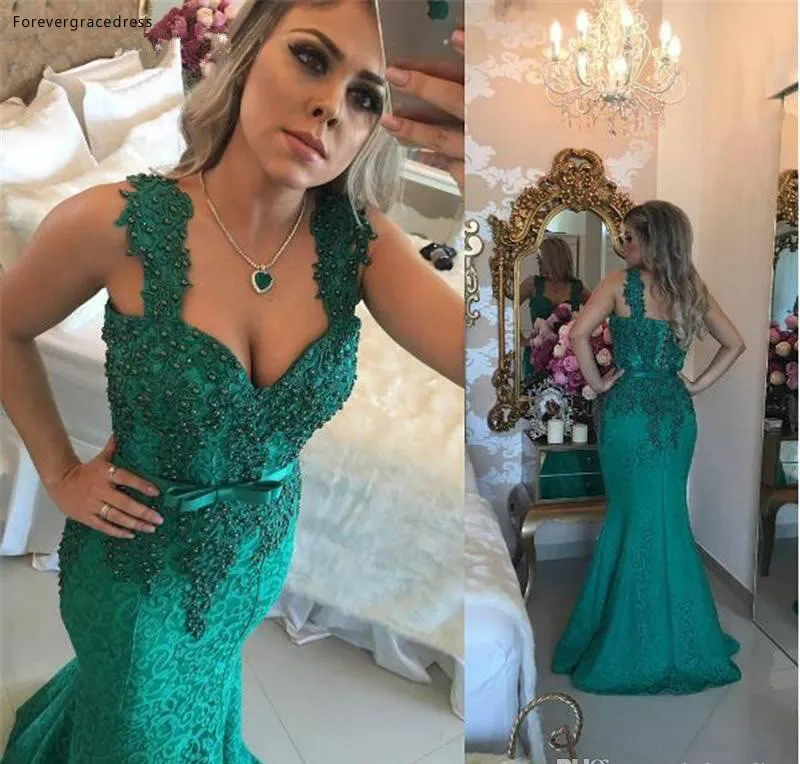 Темно-зеленые Prom Dress Mermaid кружева на тонких бретелях Элитный пышный формальная праздничная одежда на День независимости США, праздничное платье на заказ сделано
