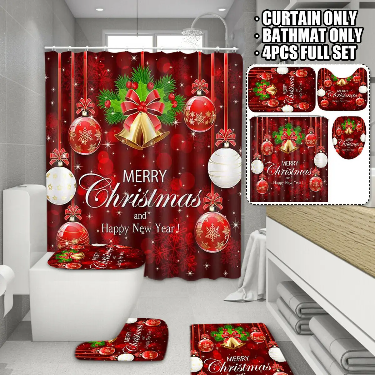 Details about    Christmas Bathroom Shower Curtain Red Bell Pattern Toilet Cover Bath Mat 