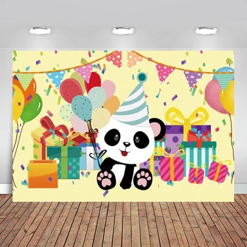 

Happy Baby's Panda Birthday Party Gift Balloons Banner Portrait Photo Background Photographic Backdrop Photo Studio