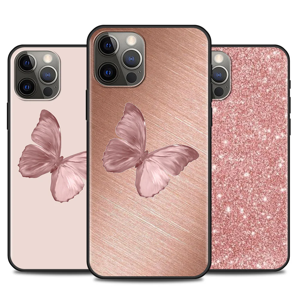 Custodia Per Telefono Per Iphone 15 14 12 11 Pro Xr Max Xr X 8 7 6 Plus Cover Nera Tpu Funda Gold Pink Rose Glitter Hearts