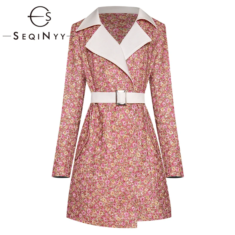 

SEQINYY Trench Coat 2020 Spring Autumn New Fashion Design Women Long Sleeve Flowers Printed Long Overcoat