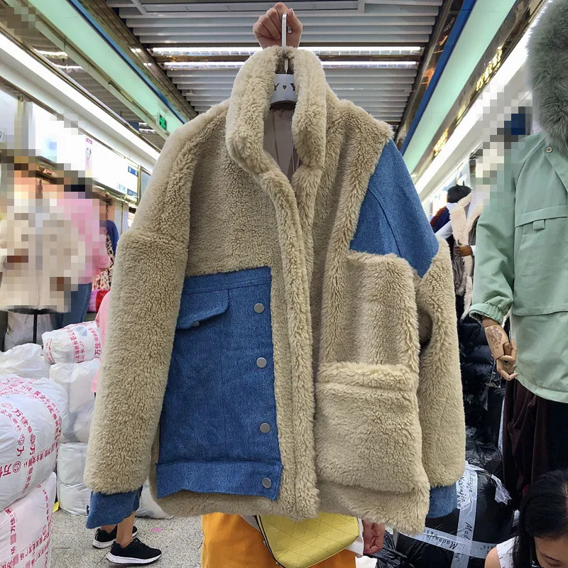 

Woman's New Winter Coat Faux Fur Jacket Lamb Fur Thickened Coat Jeans and Fur Jacket Female Ladies Cotton Padded Fourrure Femme