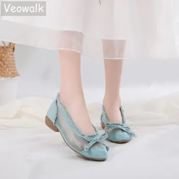 

Veowalk Summer Women Distressed Gauze Ballet Flats Breathable Ladies Low Cut Slip On Cute Bowknot Shoes Green/Sky Blue/White
