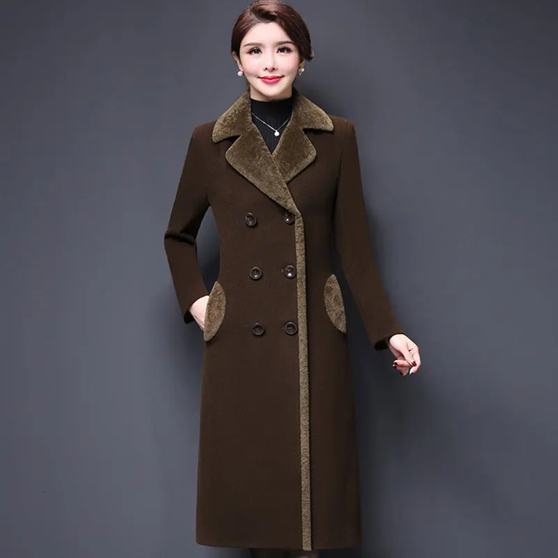 dark brown Осеннее Женское шерстяное пальто Новинка плюс размер 5XL шерстяная куртка Женская длинная однотонная плотная элегантная кашемировая верхняя одежда пальто Теплые - Цвет: dark brown