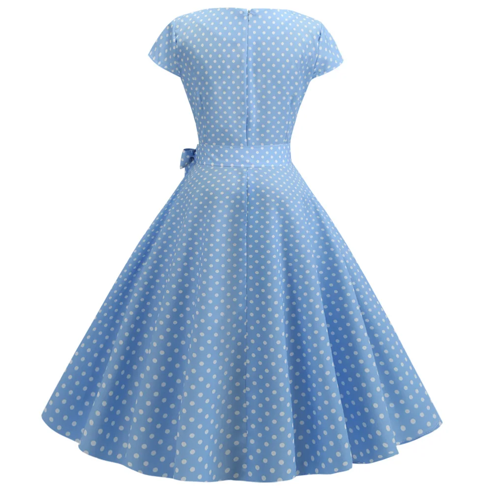 Joineles, узор в горошек, летнее платье в стиле ретро 60s Одри стиль Hepburn Rockabilly качели Винтаж платье с круглым вырезом и Рубашка с короткими рукавами Vestidos Femme