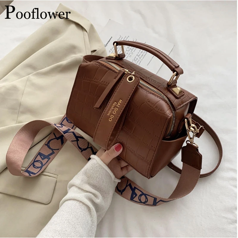 Bolsa Shoulder-Bags Hand-Crossbody-Bag Wide-Strap Stone-Pattern Leathet Small Boston
