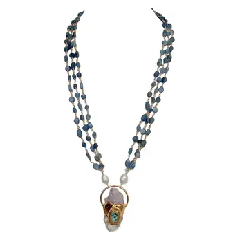 

White Rice Pearl Blue Kyanite Chain Necklace Quartz Amethyst Rough Pendant 26''