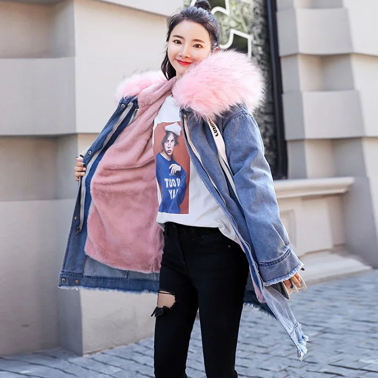 

Brushed And Thick Large Fur Collar Cotton Coat Women's Mid-length 2019 Winter New Style Loose-Fit Embroidered Cowboy Cotton-padd