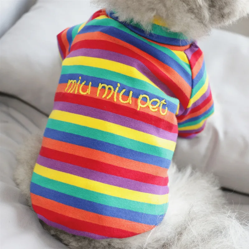 

Puppy Costume Rainbow Striped Dog Clothes Ruffle Collar Female Dogs Shirts Spring Autumn Small Pet Chihuahua Knit Sweater Sweet