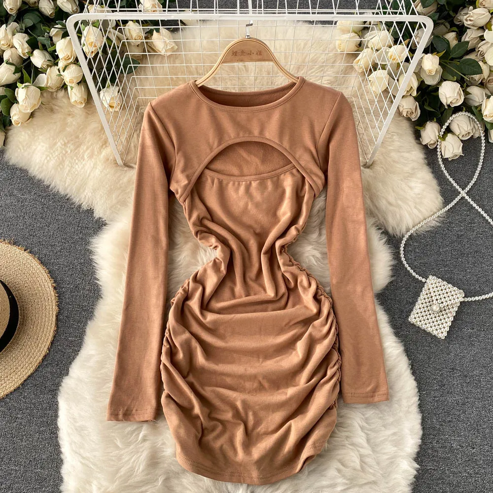

Light mature women's heart machine hollowed out long sleeve bottomed dress frosted warm pleated waist bag hip thin
