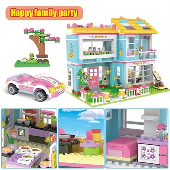 

Royal Party City Street View Friends Pool Party Building Blocks Villa Restaurant Shop Figures Educational Bricks Toys for Girls