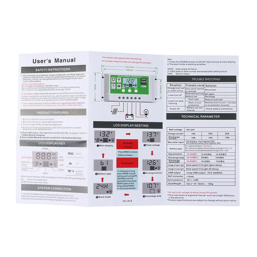 Многофункциональный 10A/20A/30A 12V 24V Контроллер заряда литиевая ЖК-экран аккумулятора ШИМ двойные солнечные панели из кремня зарядное устройство