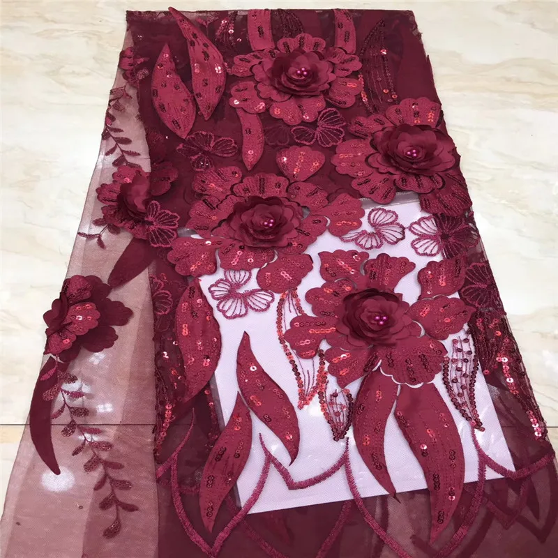 

NEW High Quality 2019 Tulle sequins Beaded French Nigerian Lace Fabrics Pearls Embroidered Guipure African 3d Lace Fabric Red