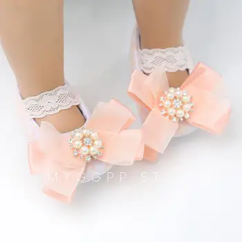 

Pearl Design Newborn Baby Prewalker Soft Bottom Anti-slip Shoes Footwear Baptism Princess Girl Crib Big Bow Shoes
