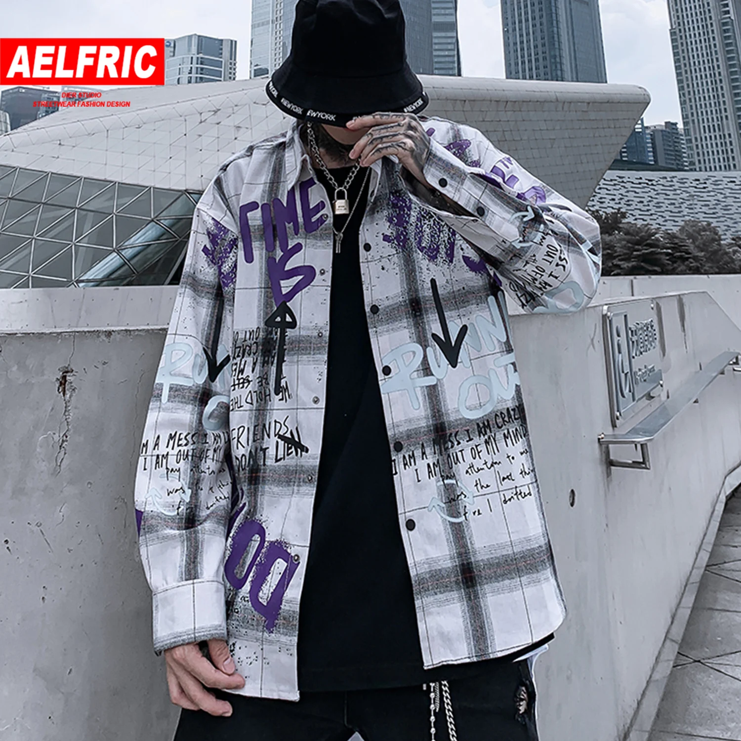 AELFRIC Модные клетчатые граффити мужские рубашки модные Harajuku хип хоп топы Уличная Повседневная Хлопковая мужская негабаритная с длинным рукавом