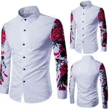 

Casual Men Solid Color Floral Print Long Sleeve Buttons Down Slim Shirt Blouse Shirts Luxury Brand Cotton Males Social Shirts