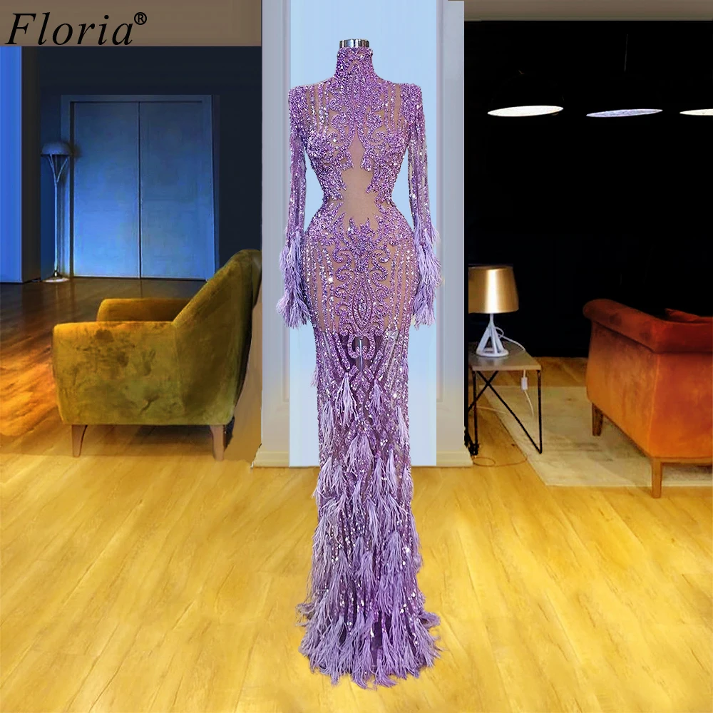 Illusion Purple Glitter Evening Dresses Mermaid Arabic Long Sleeves Formal Robe De Soiree Sexy Women Prom Dresses Party Gowns image_0