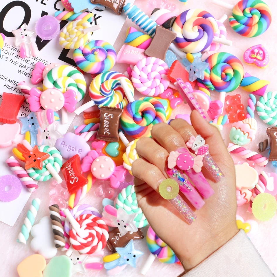 30PCS Nail Decor Kawaii Mixed Jelly Lollipop Clay 3D Assorted Candy Acrylic Nail Rhinestones Decoration Manicure Tool Art Tips