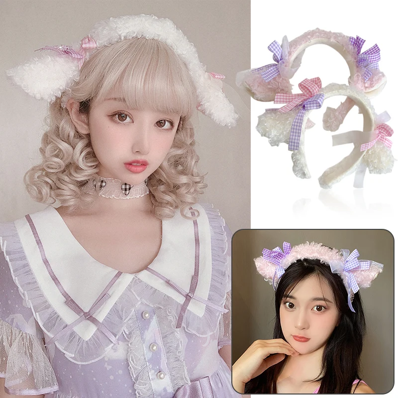 

Cute Lolita Soft Sheep Horns Ears Hair Band Cute Kawaii Plush Bowknot Hairband KC Anime Cosplay Headwear Accessories