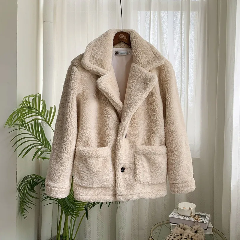 

women winter 2019 coats Loose Solid Wool Coat Female Button Lapel Casual Pocket Jacket Long Sleeve Warm Cashmere Outwear 3XL