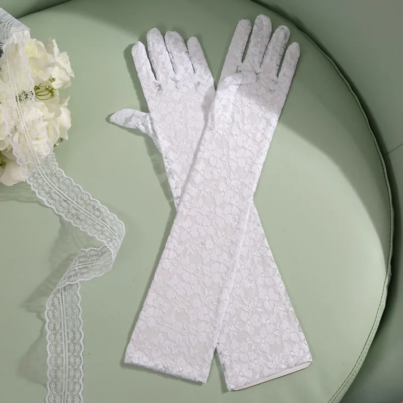 Белый Белые кружевные свадебные перчатки, длинные Недорогие свадебные аксессуары для невесты, свадебное платье, фиолетовые кружевные ганты, свадебные перчатки ST205 - Цвет: Белый
