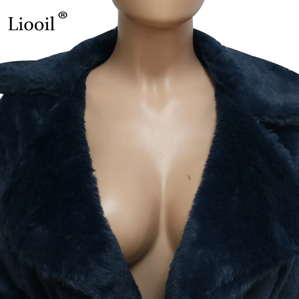 Liooil пальто и куртки из кроличьей шерсти, Осень-зима, уличная одежда, длинный рукав, отложной воротник, карманы, шнуровка, пальто, женская верхняя одежда