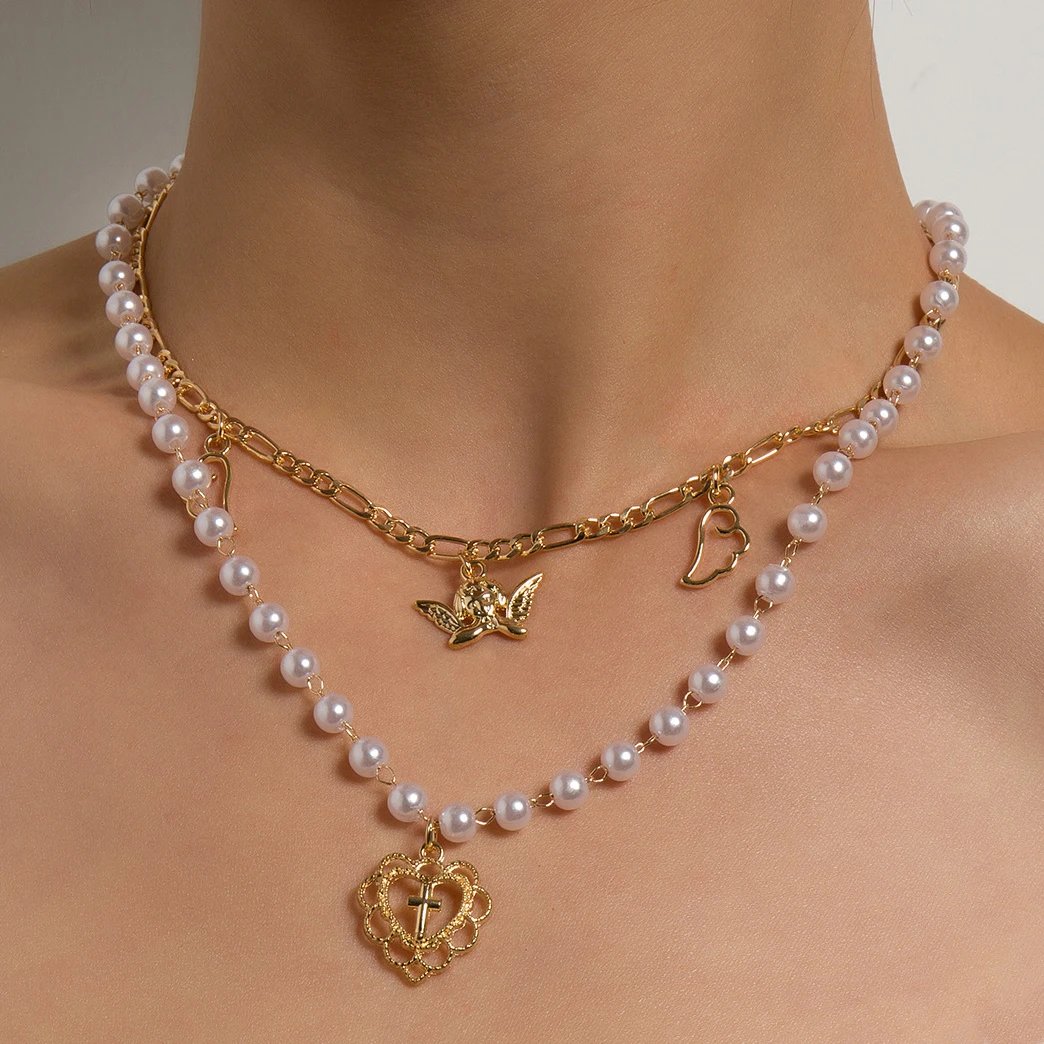 Модный кулон в виде сердца Креста крыла ангела чокер из кубинской цепи золотой