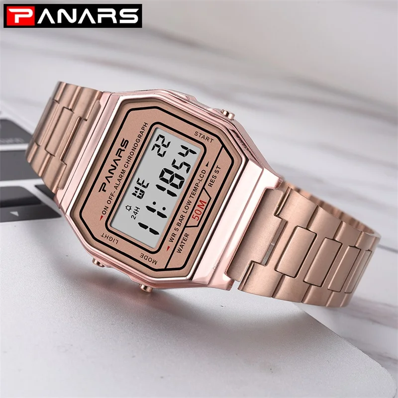 PANARS Men Waterproof Digital Watch Gold Color Stainless Steel Band Watches Women Sport Simple Fashion Wristwatch | Наручные часы