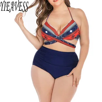 

Plus Size Tankinis Swimsuit Striped Bandage Bikini Sets High Waist Bikinis Padded Big Size Bathing Suit Beach Wear