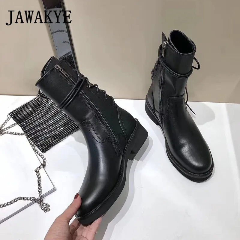 JAWAKYE/Черные ботильоны на шнуровке сзади; женские мотоциклетные ботинки на квадратном каблуке на плоской подошве; зимняя обувь из натуральной кожи; женская обувь; botas mujer