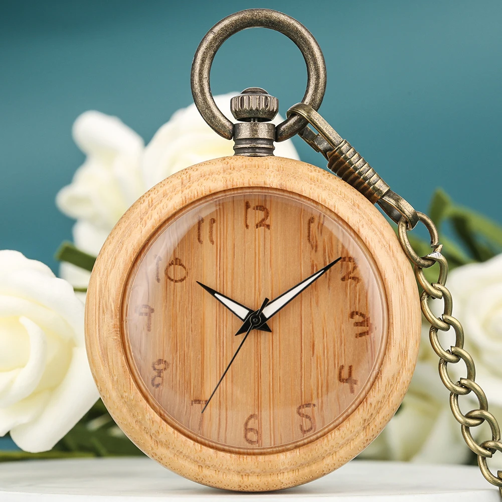 Concise Bamboo Quartz Pocket Watch Men Women Carved Arabic Numerals Dial Pocket Watches Bronze Sweather Chain Pendant Chain
