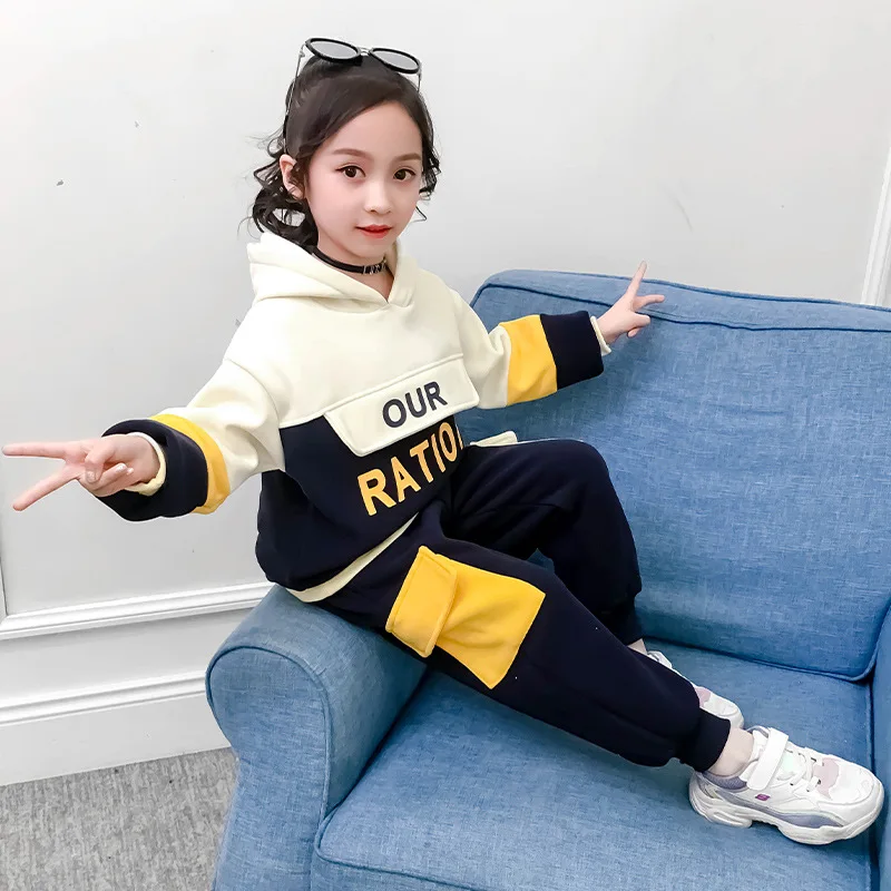 

Beautiful Kids Girl Clothes Sets Winter Girl Plus Velvet Thick Sports Suit Korean Hooded Sweater + Trousers Casual Warm Suit