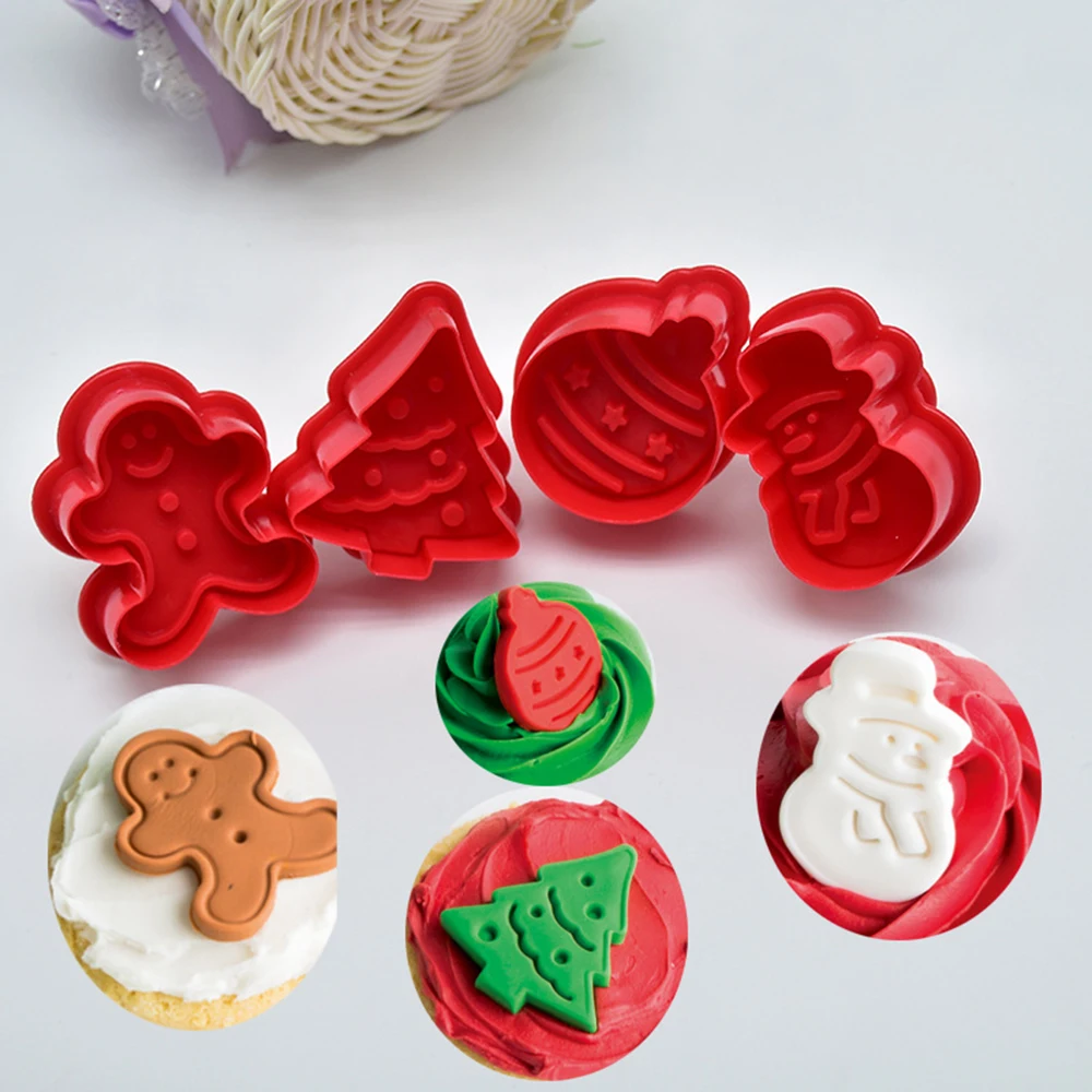 

New 4Pcs Christmas Cookie Biscuit Plunger Cutter Mould Fondant Cake Mold Kitchen Baking Christmas Fondant Printing Mold