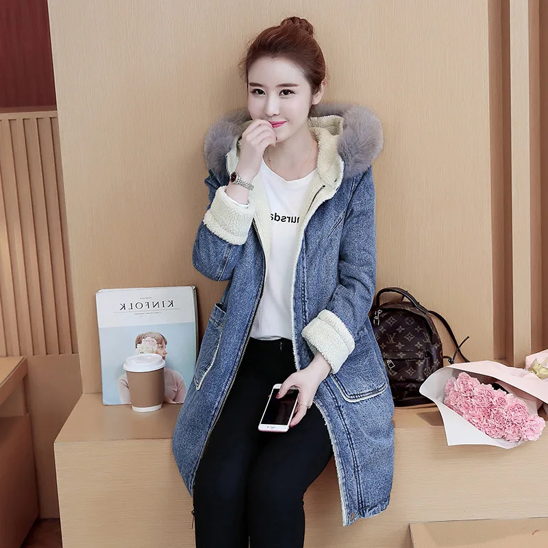 price cut Winter Warm women Long denim coat Ladies Casual Loose Fur collar thick cashmere Denim Jacket Hardy