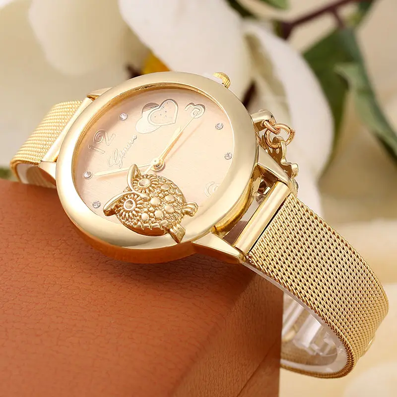 Женские часы с подвеской в виде совы, кварцевые модные часы с бриллиантами из нержавеющей стали и сетчатым ремешком, женские часы с темпераментом, женские часы