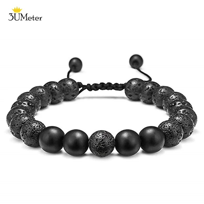 

3UMeter Men Women 8mm Lava Stone Rock Bracelet Adjustable Black Matte Bracelet Essential Oil Diffuser Yoga Healing Beads Bangle