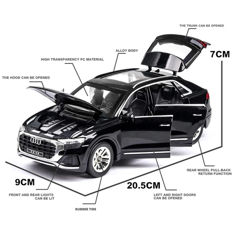 1:24 модель автомобиля из сплава Audi Q8, коллекция внедорожников со звуком и светильник, игрушки для детей, рождественский подарок