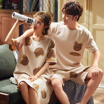 

Women Sleepwear Sleep Night wear Girl Nightwear Short sleeve Casual Cartoon Long Nightgown Home nightdress Men pajamas set