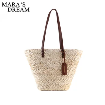 

Mara's Dream 2019 New Solid Color Female Bag Art Small Fresh Fashion Wild Portable Bucket Straw Seaside Holiday Woven Bag