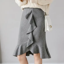 Юбки с оборками, офисные, с высокой талией, необычные, тонкие, модные, длиной до колена, трикотажные юбки, женские, с эластичной талией, черные, женские юбки