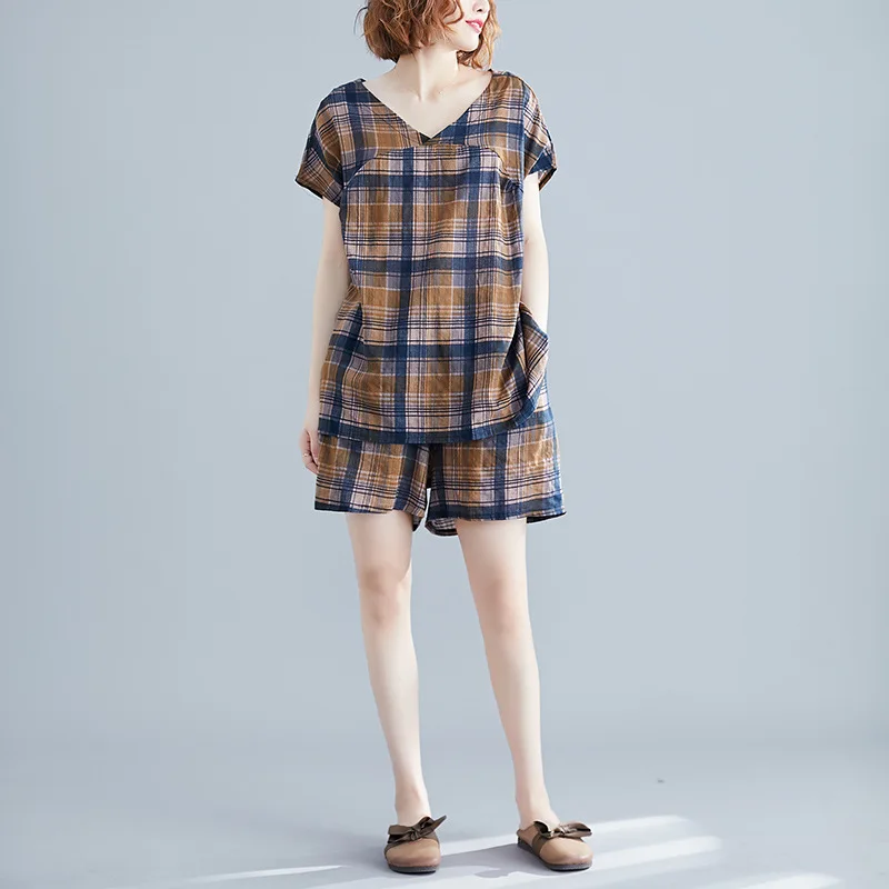

Large Size Summer New Style 2019 Loose-Fit Cotton Linen Slimming Plaid Short Sleeve T-shirt Collocation Casual Shorts Two-Piece